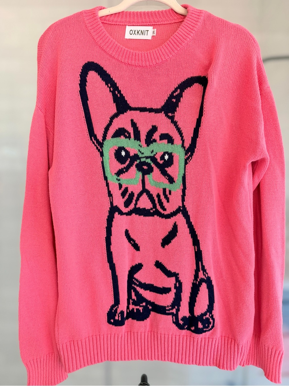 OXKNIT Pink Sweater with French Bulldog Graphic